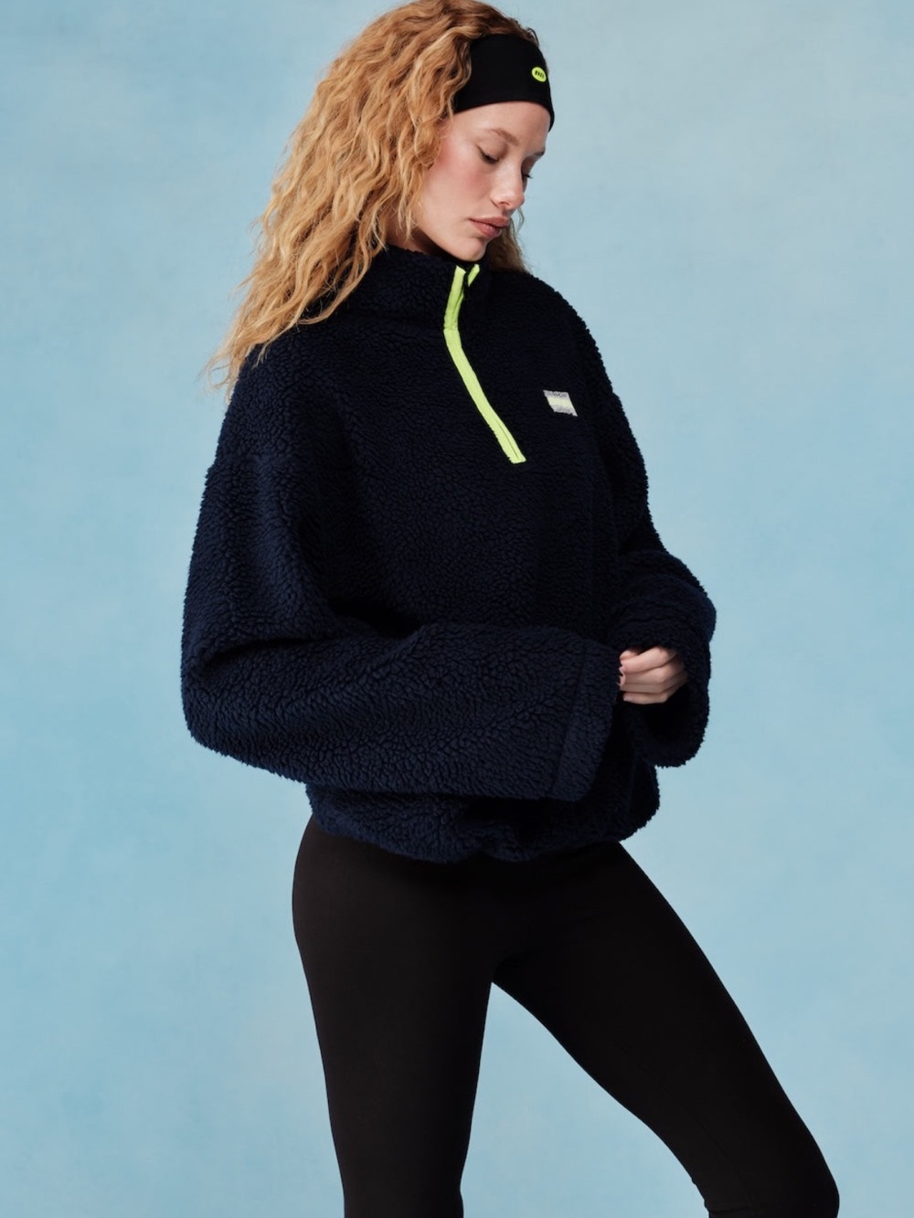 Dairy Boy Women's Navy Sherpa Pullover Jacket with Neon Zip